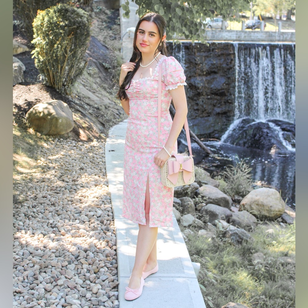 Rihoas Feminine Pink and Green Floral Midi Dress